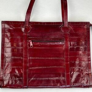 Vintage Eel Skin Genuine Leather Red Laptop Brief Case Bag Handles Zip Pockets